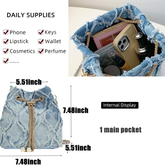 Small Denim Bucket Bag, Jean Purses for Women Denim Crossbody Bags Hobo Bag Draw - Picture 5 of 7